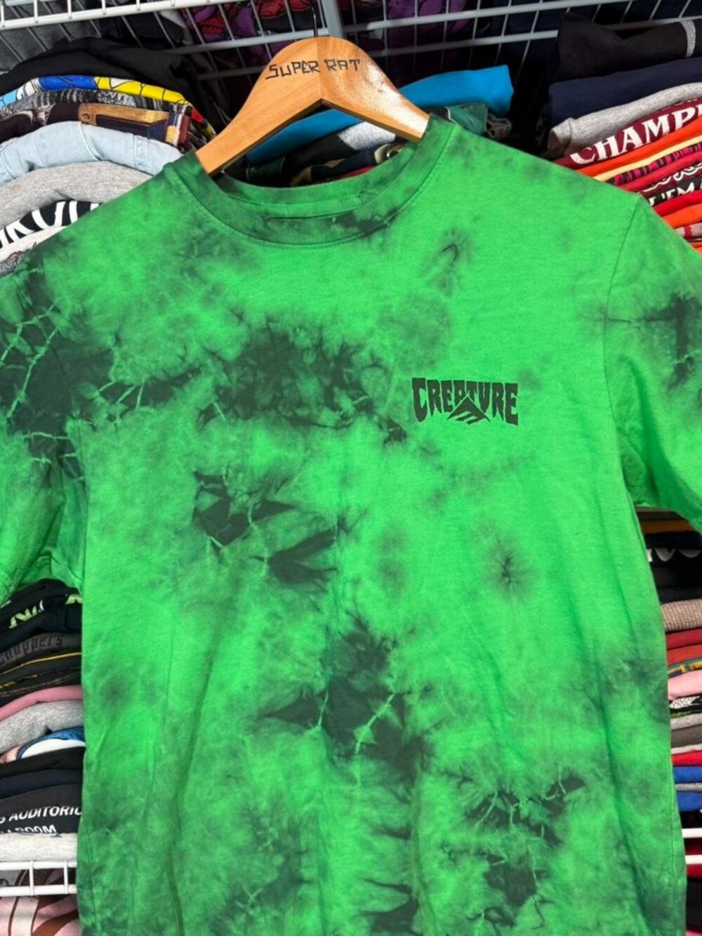 Creature skateboards Emerica shoe collab see no evil t shirt green tie dye